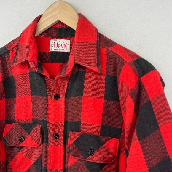 ORVIS Shirt Men M Wool Blend Flannel Buffalo Check Button Up Shacket Red USA VTG - Picture 2 of 14